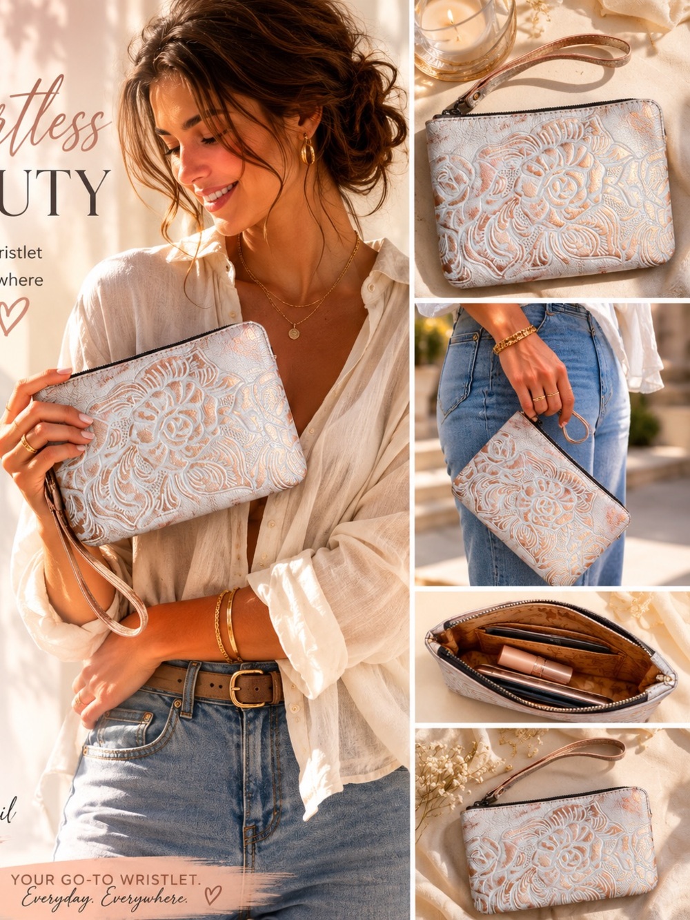 Patricia Nash White & Rose Gold Embossed Floral Wristlet - Picture 2 of 8